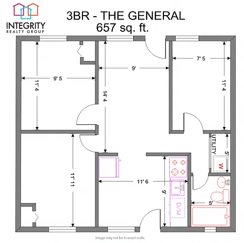 Floor plan 3 Bedroom 1 Bath (Middle Apartment)