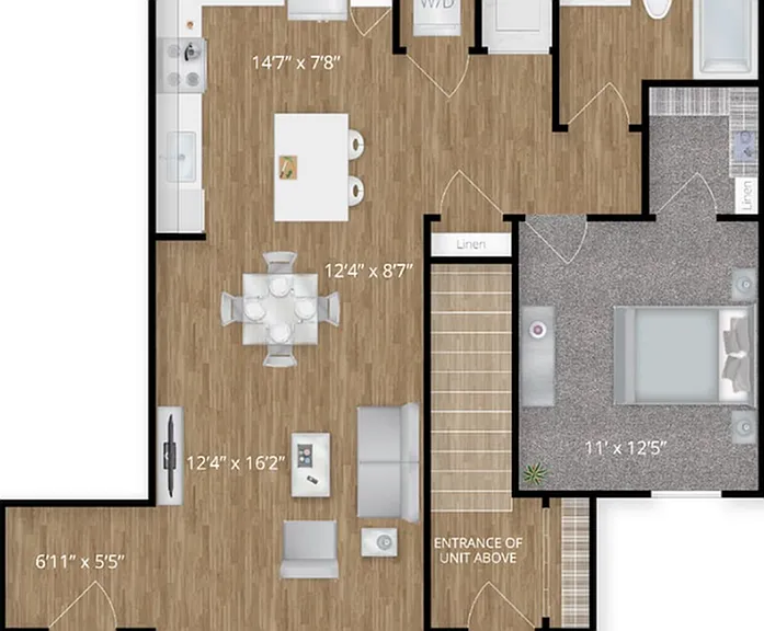Explore this chic one-bedroom apartment layout designed for modern living. Explore this chic one-bedroom apartment layout designed for modern living.