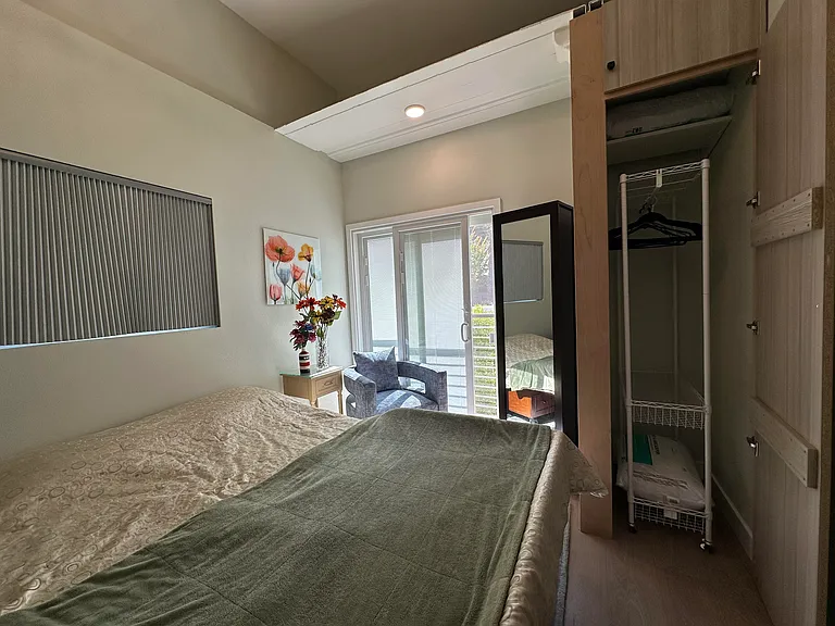 Bedroom #2 with queen-sized Murphy bed folded out and closet