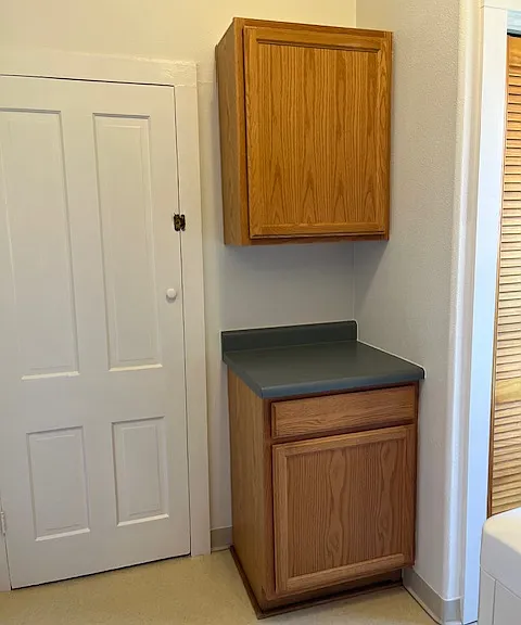 Storage closet and cabinets in laundry room