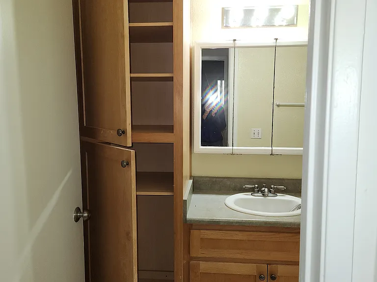 Spacious storage closet with shelves.