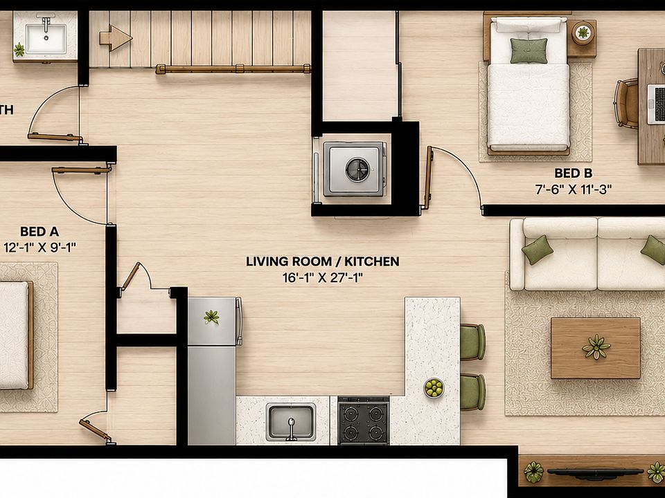 Unit floorplan with separation between the bedrooms