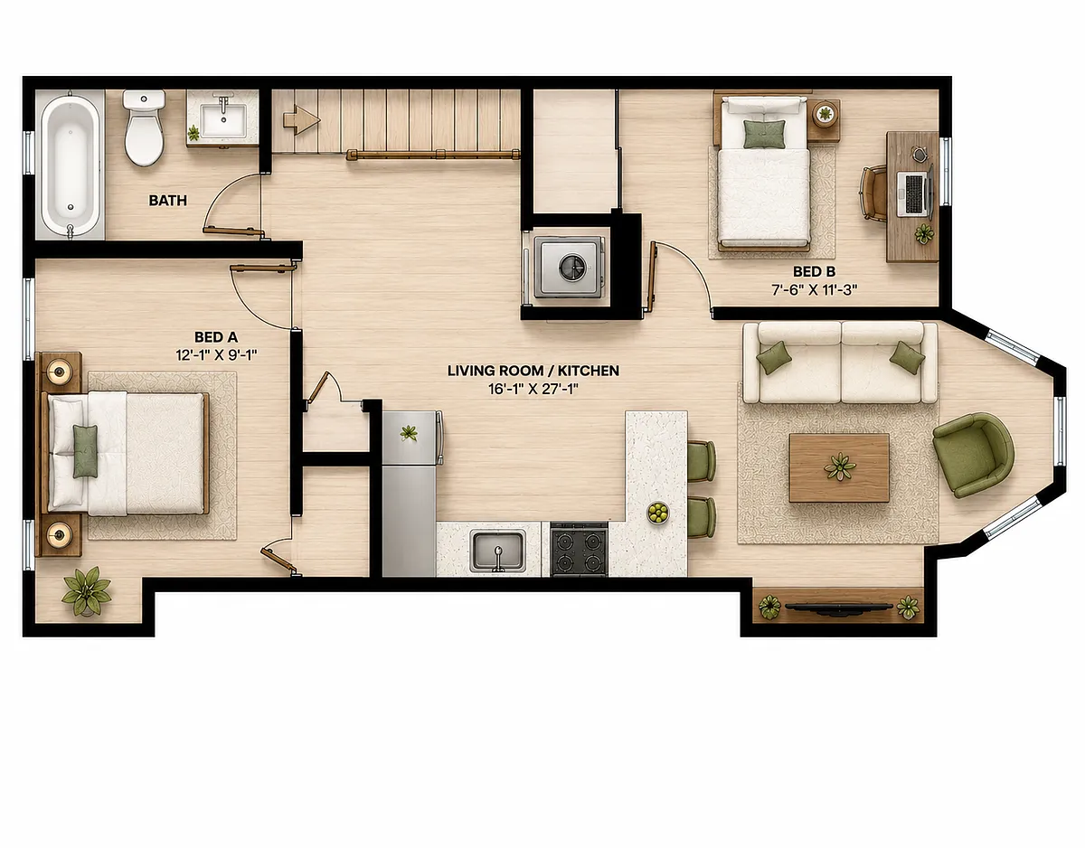 Unit floorplan with separation between the bedrooms - 602 M St NW #3
