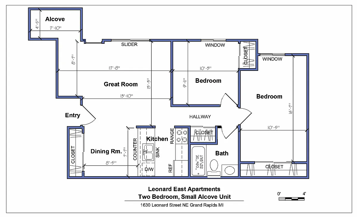 Floor plan 2 Bedroom Small Alcove, 1 Bath