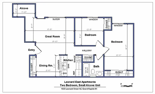 Floor plan 2 Bedroom Small Alcove, 1 Bath