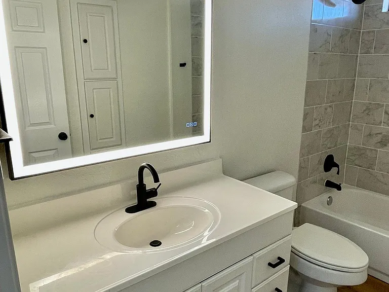 Bathroom with high end adjustable lighted mirror