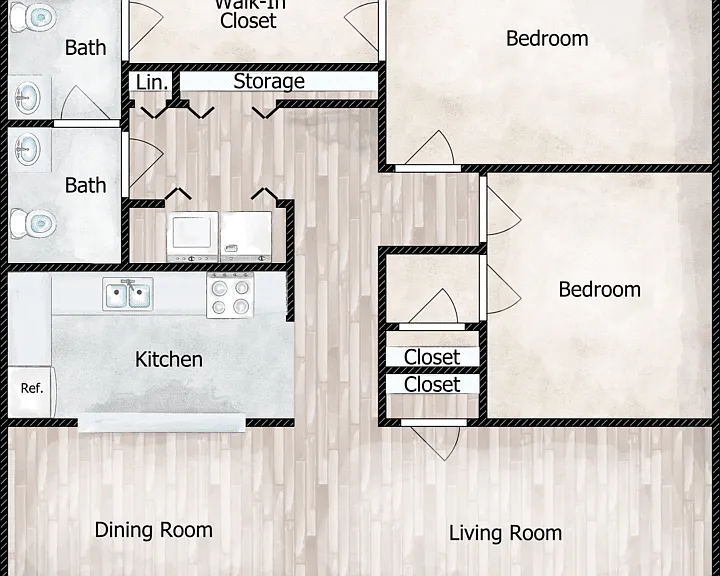 2 Bed 1.5 Bath Floorplan Diagram