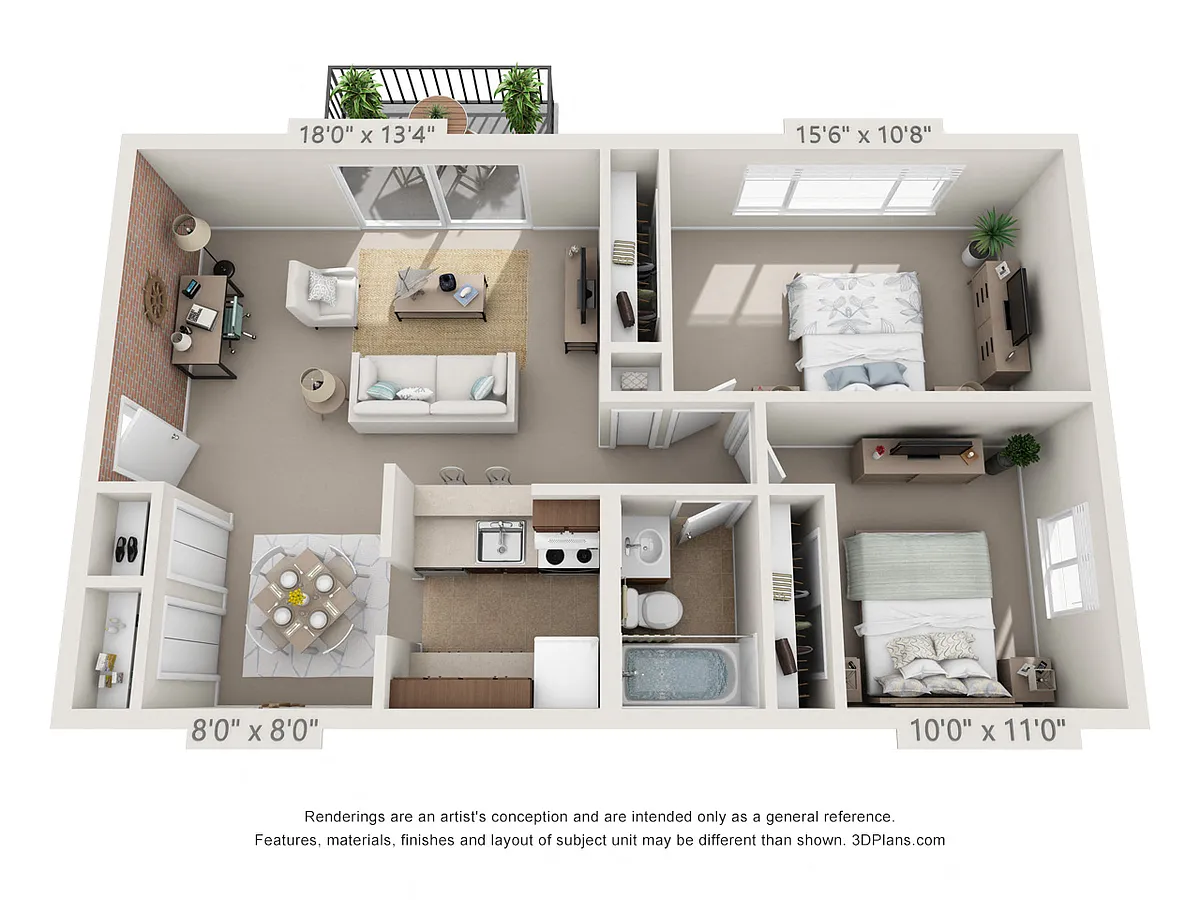 Floor plan Chestnut2 Bedroom, 1 Bath w/Balcony