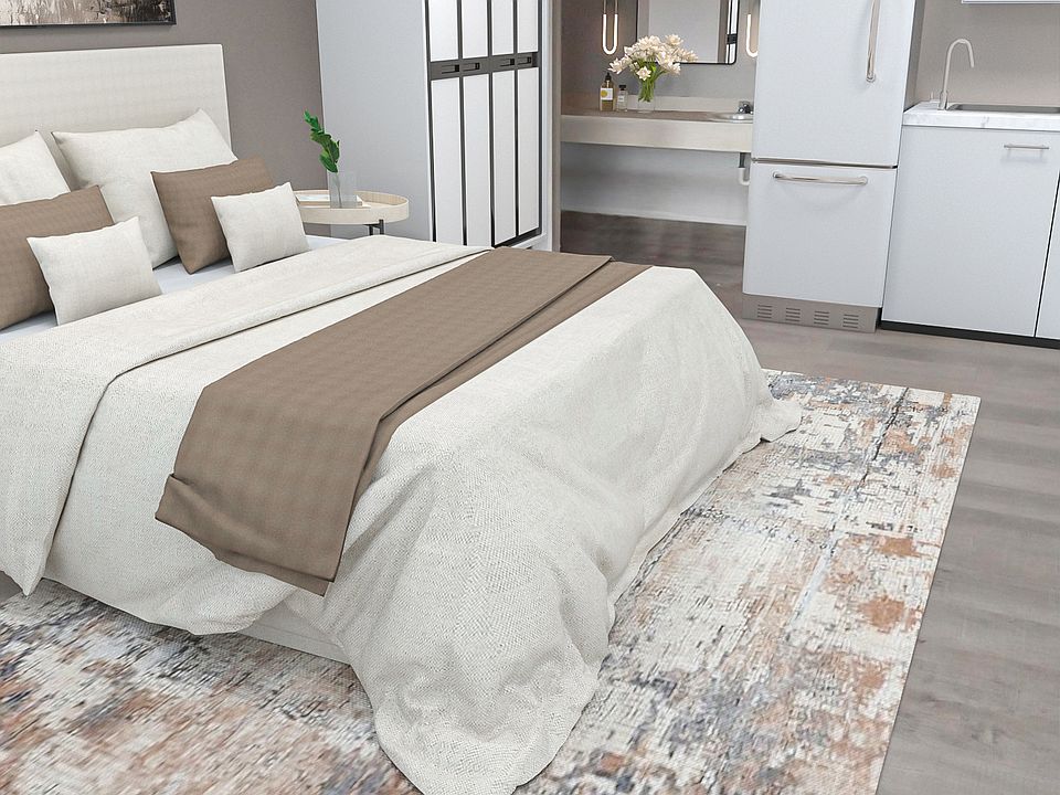 Studio apartment with Complete kitchen functionality with a full-sized refrigerator-freezer, 2-burner cooktop, European dishwasher, and sink