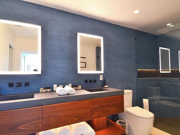 Master bathroom, rainfall shower head, heated towel rack