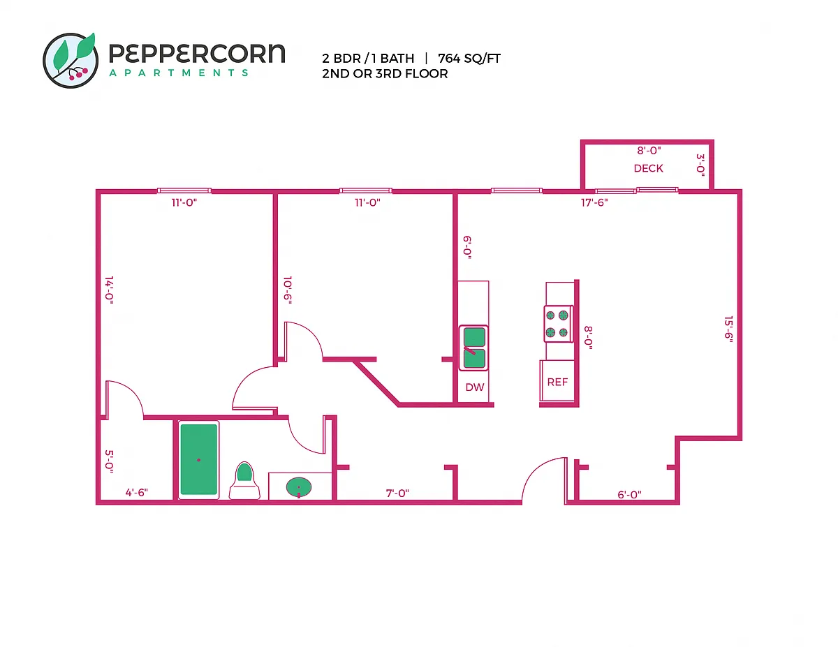 Floor plan 2 Bed, 1 Bath - 764 sq ft