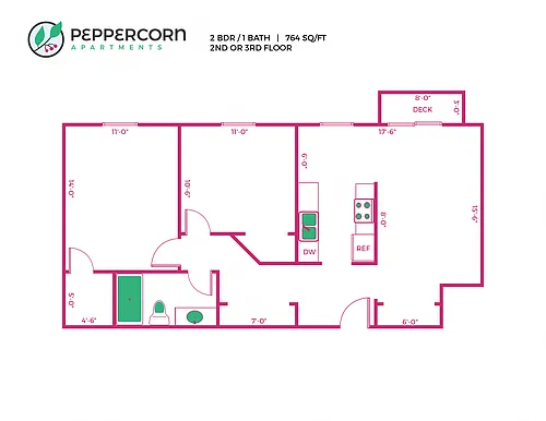 Floor plan 2 Bed, 1 Bath - 764 sq ft