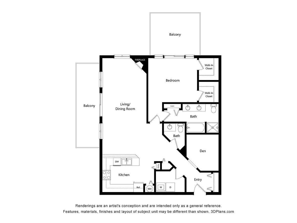Floor plan AD4 One Bed One & Half Bath + Den