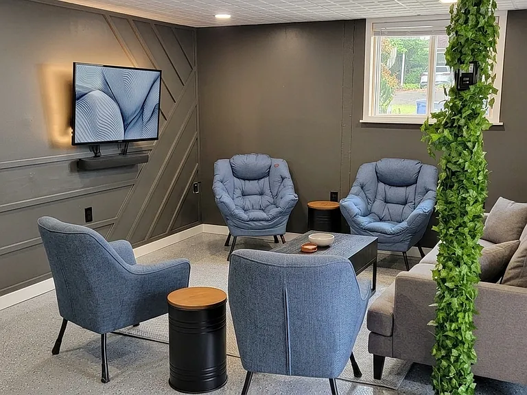 Garage. Was used as seating area with 43 inch mounted TV. Furniture, desk and screen available in furnished option