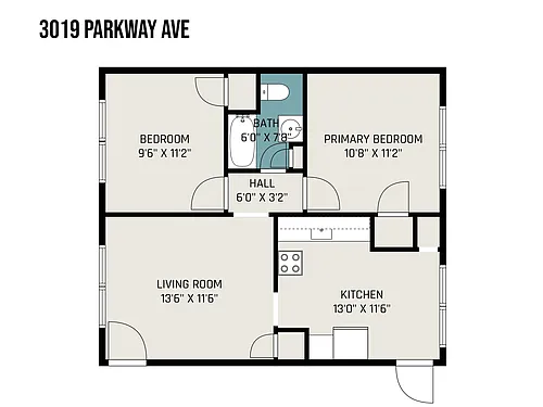 Floor plan 2 Bedrooms, 1 Bathroom