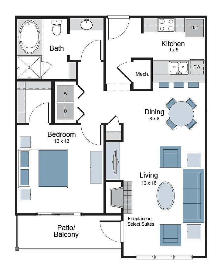Floor plan 1BR 1BA (793 SF)