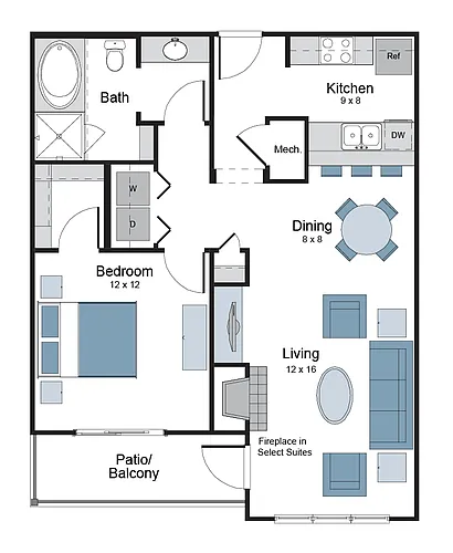 Floor plan 1BR 1BA (793 SF)