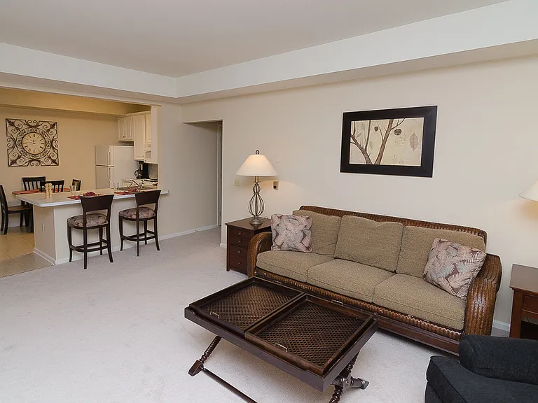 Living Room to Standard white peninsula kitchen.