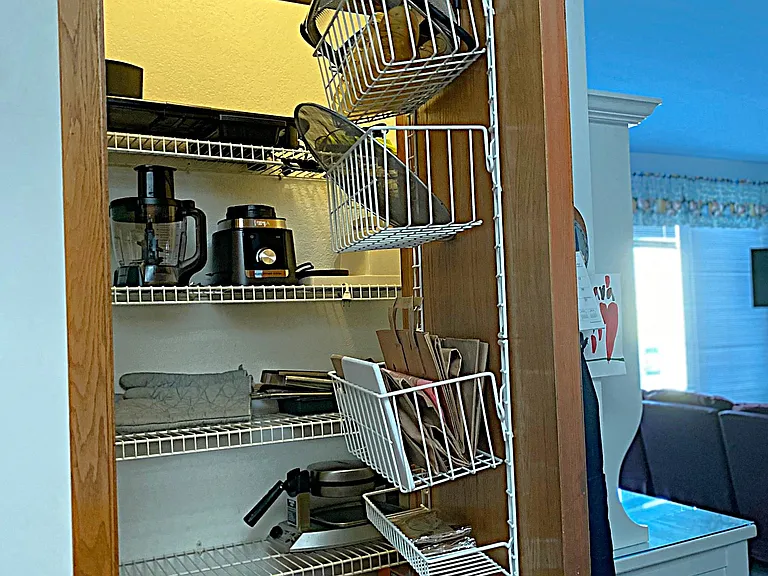 Kitchen Pantry w/Rare Antique Blue Milk Glass Depression Glass double Doorknobs, BBQ Grill Tools, Electric Pancake Grill & Waffle Iron, Collander, & Recycle Bin w/extra Compactor Bags