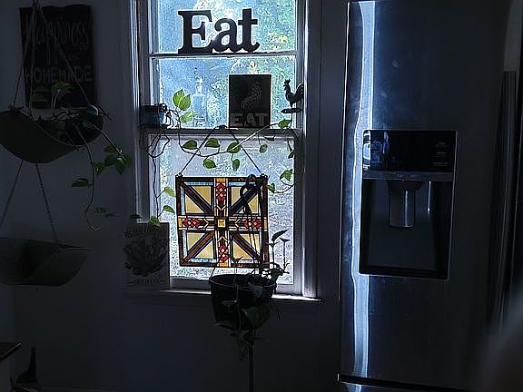 Kitchen window overlooking backyard
