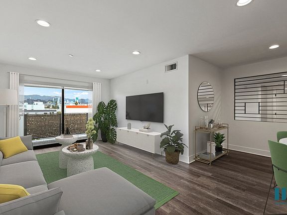 Living Room with Vinyl Flooring, Recessed Lighting, and Balcony