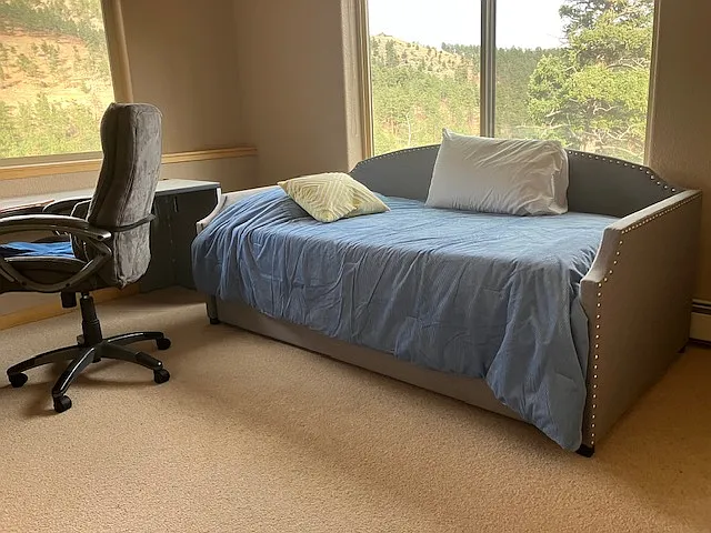 Daybed and Corner Desk. I am in the process of updating the desk with a smaller one to create a more balanced use of space.