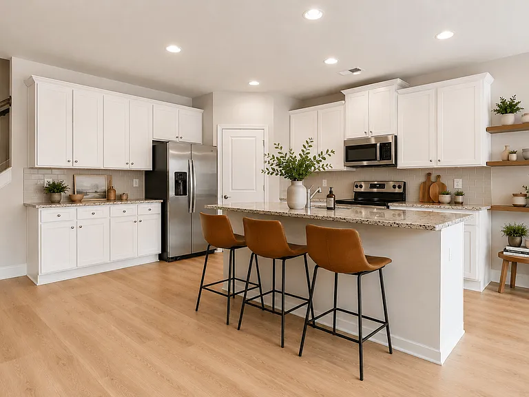 Spacious kitchen with an island, ample storage, and stainless steel appliances.