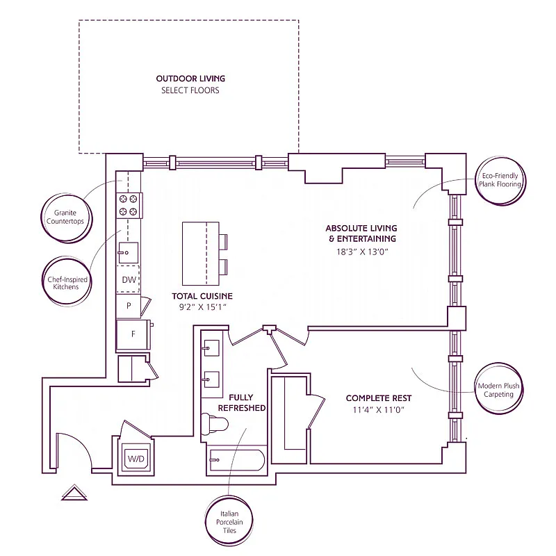 Floor plan 1 Bed - 1 Bath | A17