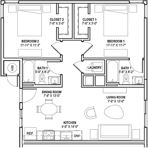 Floor plan B1: 2 Bed 2 Bath