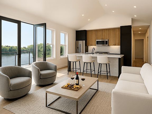 Artist rendering of Westport Crossing apartment living area and kitchen with breakfast bar with views of the Erie canal