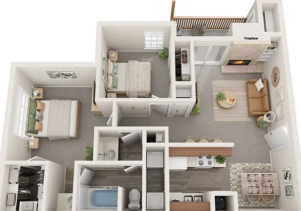 Two Bedrooms, One Bathroom, 850 sqft, Full-Size Washer/Dryer Connections, Patio/Balcony w/Storage, Walk-in Closet in Primary Bedroom, Built-in Bookshelves, Fireplace in select units Two Bedrooms, One Bathroom, 850 sqft, Full-Size Washer/Dryer Connections,