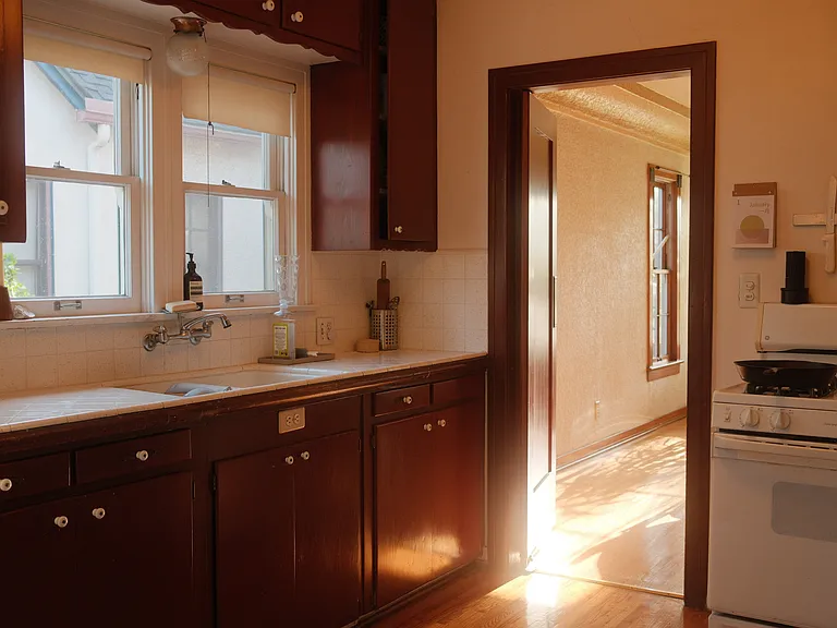 Large kitchen. Many cupboards.