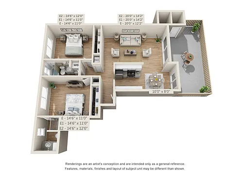 Floor plan Two Bedroom E, E1, E2
