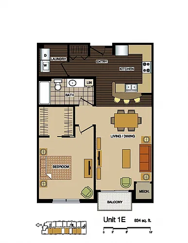 Floor plan 1E- One bedroom Walk in closet-spacious