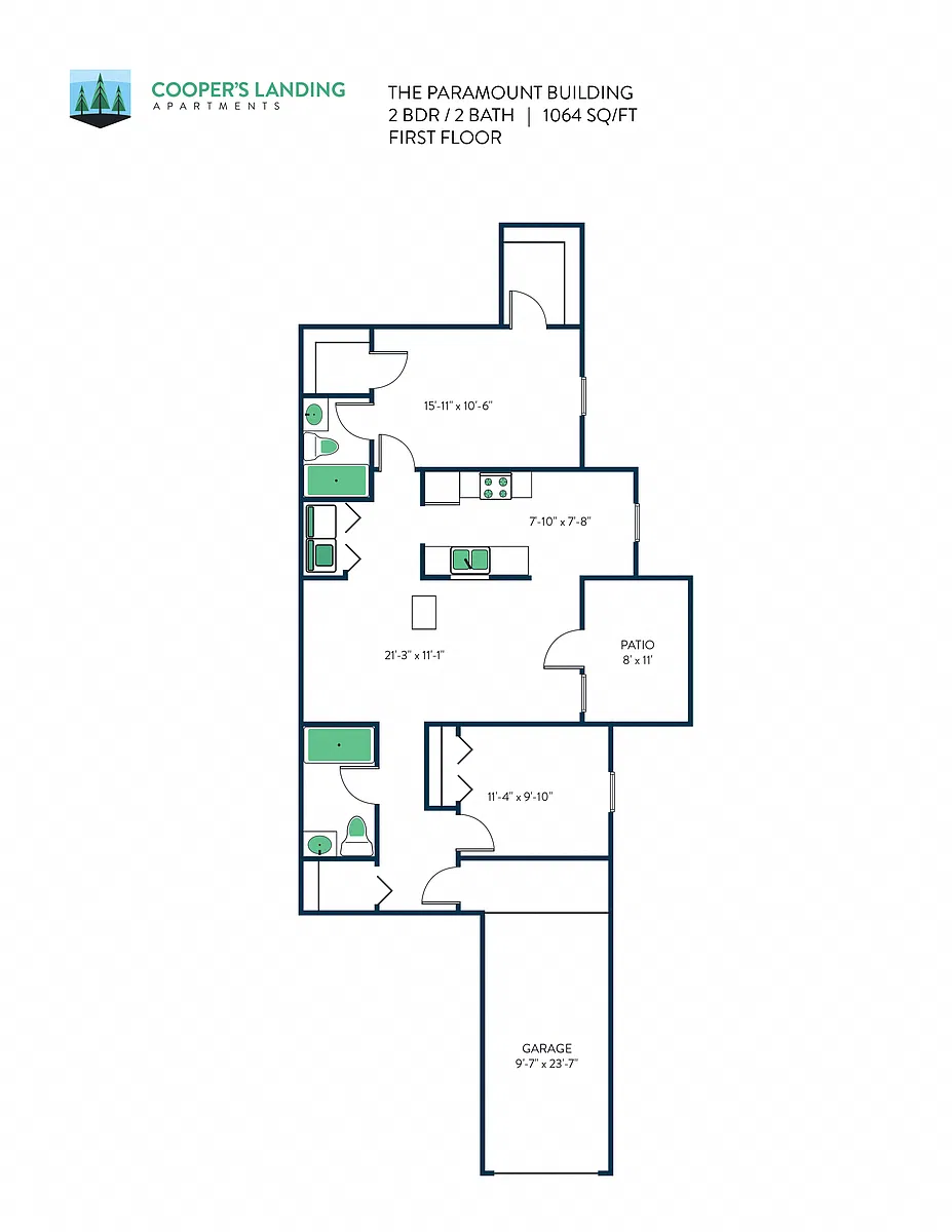 Floor plan 2 Bed, 2 Bath- 1064 sq ft