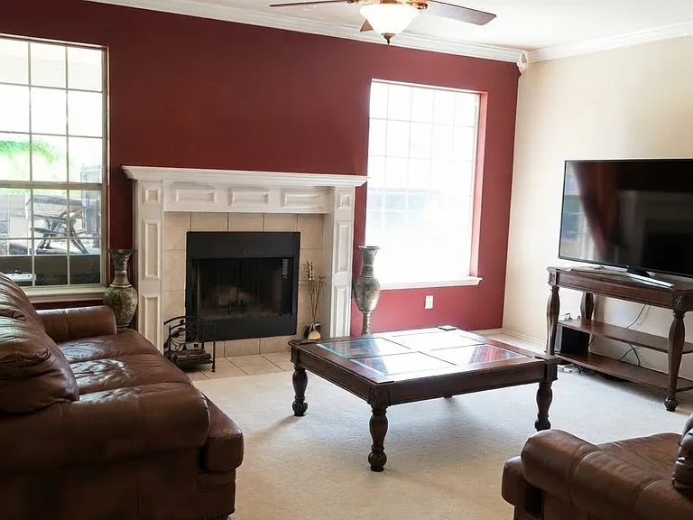Living room and wood burning fire place