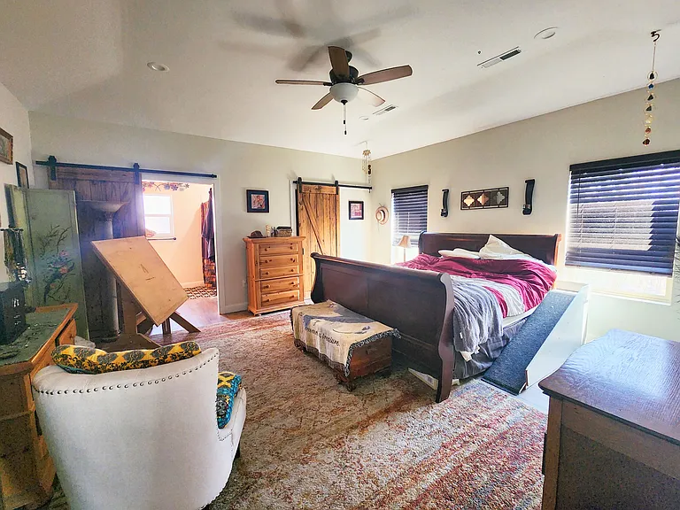 Primary Bedroom with walk-in closet and en-suite bathroom with barn doors.