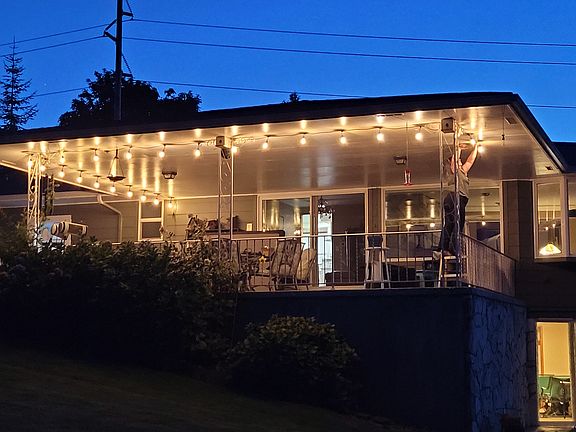 Party lights on covered patio
