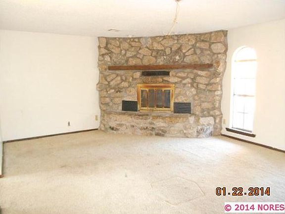 Stone fireplace.
