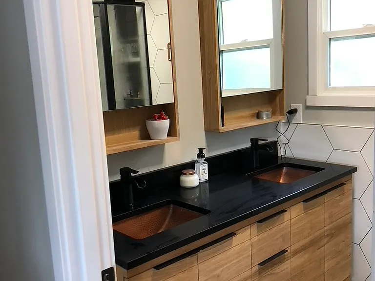Double Teak Vanity with Copper sinks