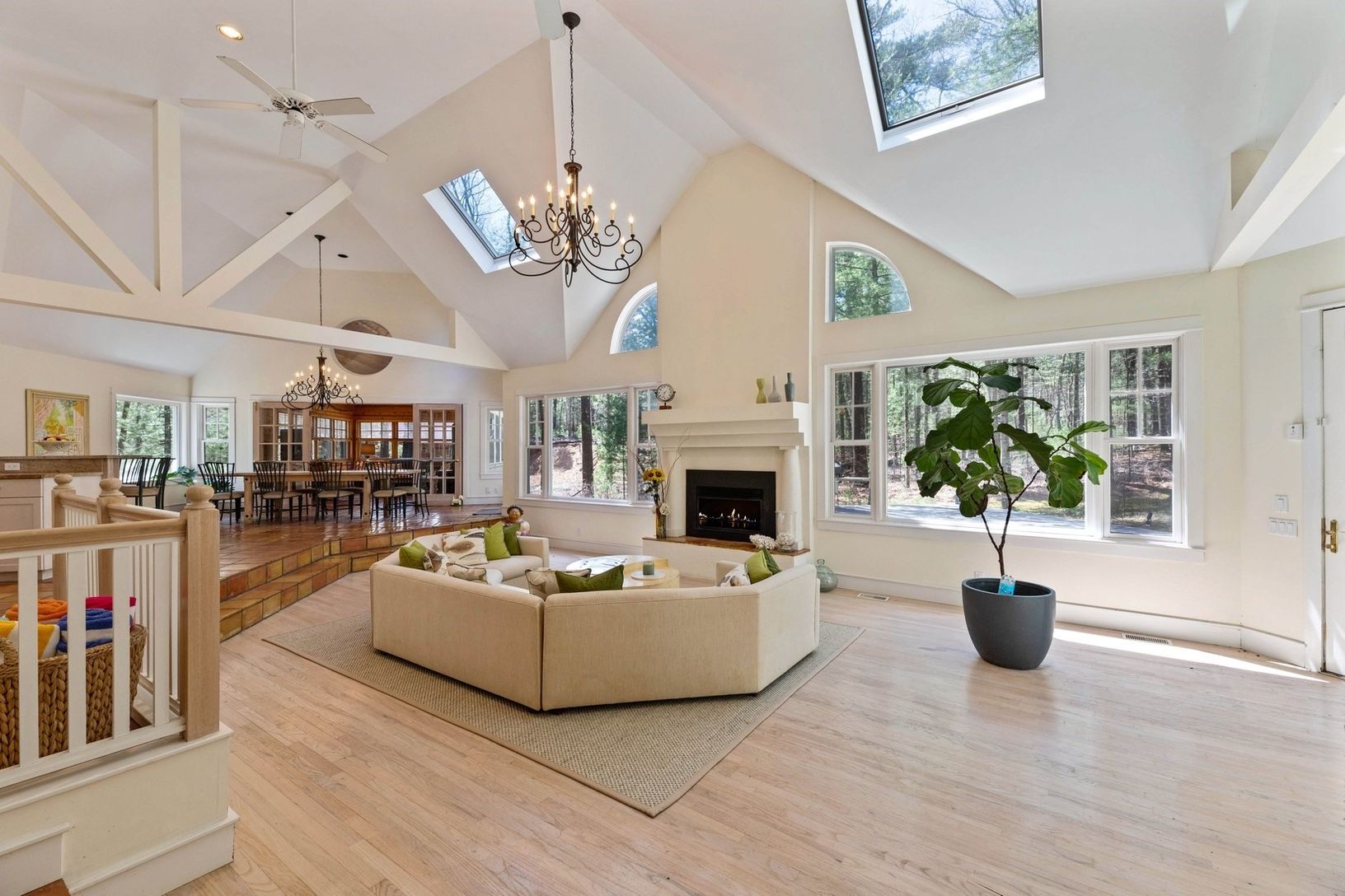  high ceilings, sky-lights and wood burning fireplace