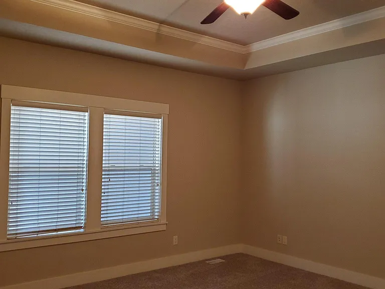 Master bedroom with tray ceiling and ceiling fan