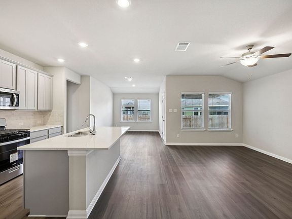 Kitchen, Living Room, and Dining Room