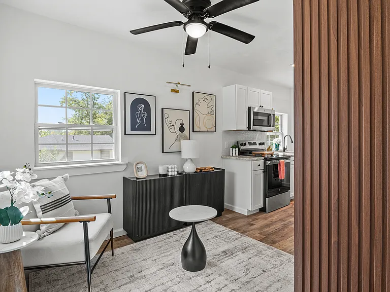 View from front door with modern wood panel