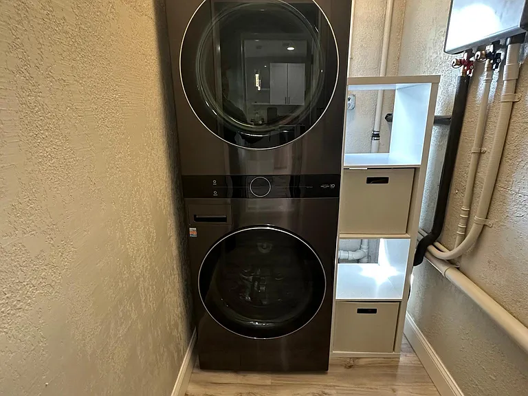 Brand New LG ThinQ Washtower and Rheem Tankless Water Heater in Laundry Room