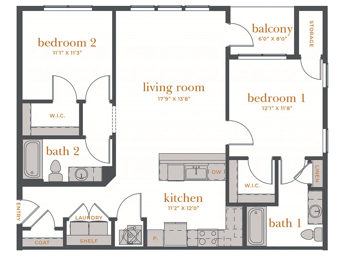 Floor plan 2 Bed, 2 Bath A (80% Income Restricted)