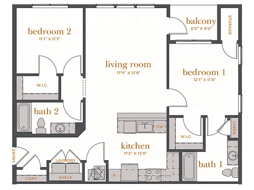 Floor plan 2 Bed, 2 Bath A (80% Income Restricted)
