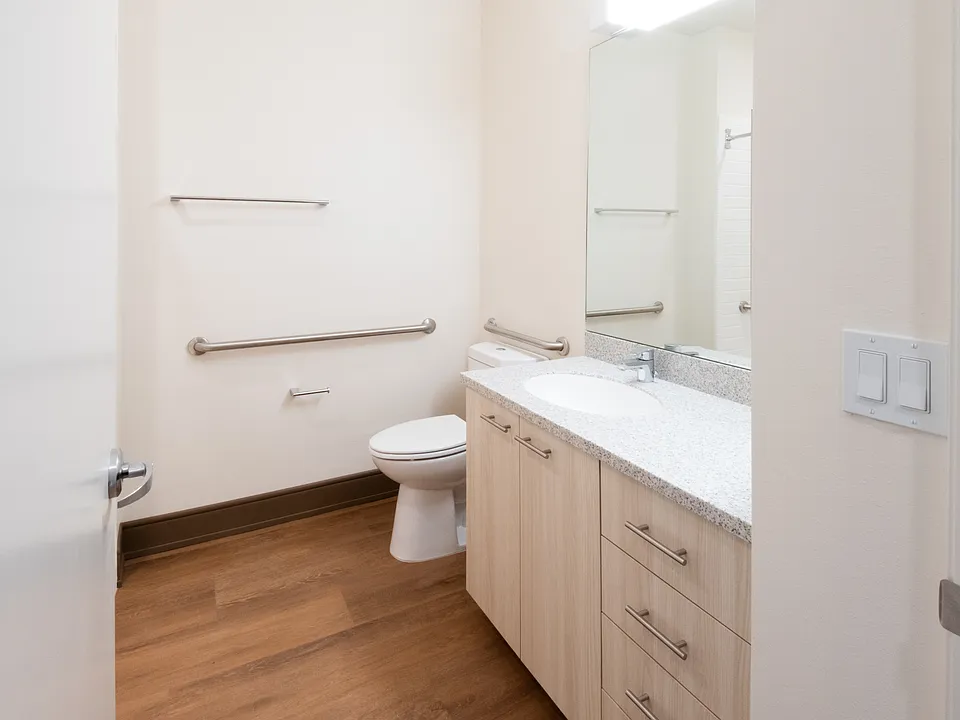 Bright, accessible bathroom with ample storage and wood-style flooring.