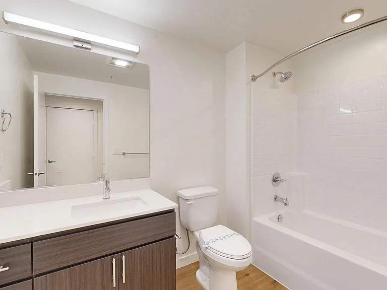 Apartment Bathroom with large soaking tub and wood-style flooring.