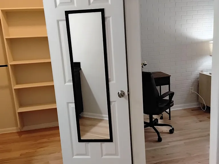 Room includes an open closet with built-in shelving and wood-look flooring, offering convenient storage and flexible setup.